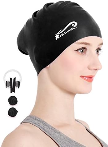 Silicone Long Hair Swimming Cap,Waterproof Swim Caps for Women Ladies Adults Kids Girls Keeps Hair Clean Ear Dry With Nose Clip and Ear Plugs (Black)