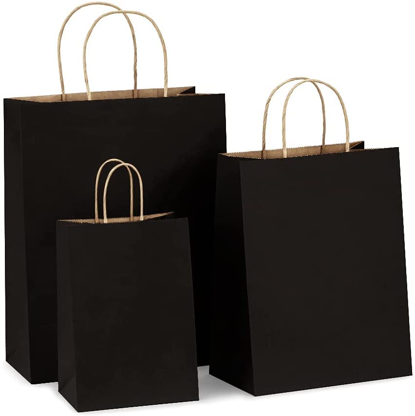 Black Paper Bags with Handles 30Pcs - HRUISE Small + Medium +Large Thickened Kraft Paper Gift Bags Set for Birthday Party Wedding Shopping Merchandise Grocery - 10pcs Each Size