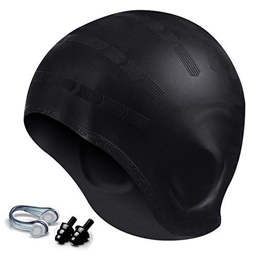 Hurdilen Swim Cap, Premium Silicone Waterproof Swimming Cap with Earplugs & Nose Clips,3D Ergonomic Design Ear Pockets,Flexible Reversible for Men Women Adult Youth