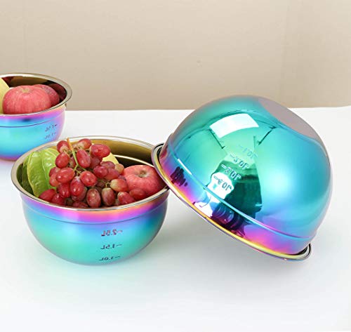 Mixing Bowl Set 18/8 Stainless Steel, Rainbow Salad Bowls 3 Piece Colorful Nesting Bowl Deep for Chef Prep Cooking, Baking, Salad Fruit, Food Preparation, Cake Measure Bowl Includes 1.5 L, 2.5L, 4L - Thumbnail 5