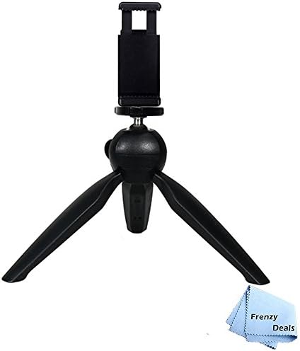 FrenzyDeals Mini Tripod for Compact, DSLR cameras & Smartphones + Phone Holder mount for iPhone Xs Xr Max 8 Plus 8 7 7+ 6S Plus 6S, 6 Plus 6 Samsung S8 S8+ S7 Edge + Note 8 and more + Microfiber Cloth