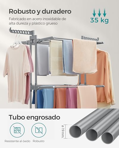 SONGMICS Tendedero, Tendedero Plegable de 4 Niveles, Asas Plegables, con Ruedas, 63.5 x 128 x 173 cm, Interior y Exterior, Gris MLLR701G01