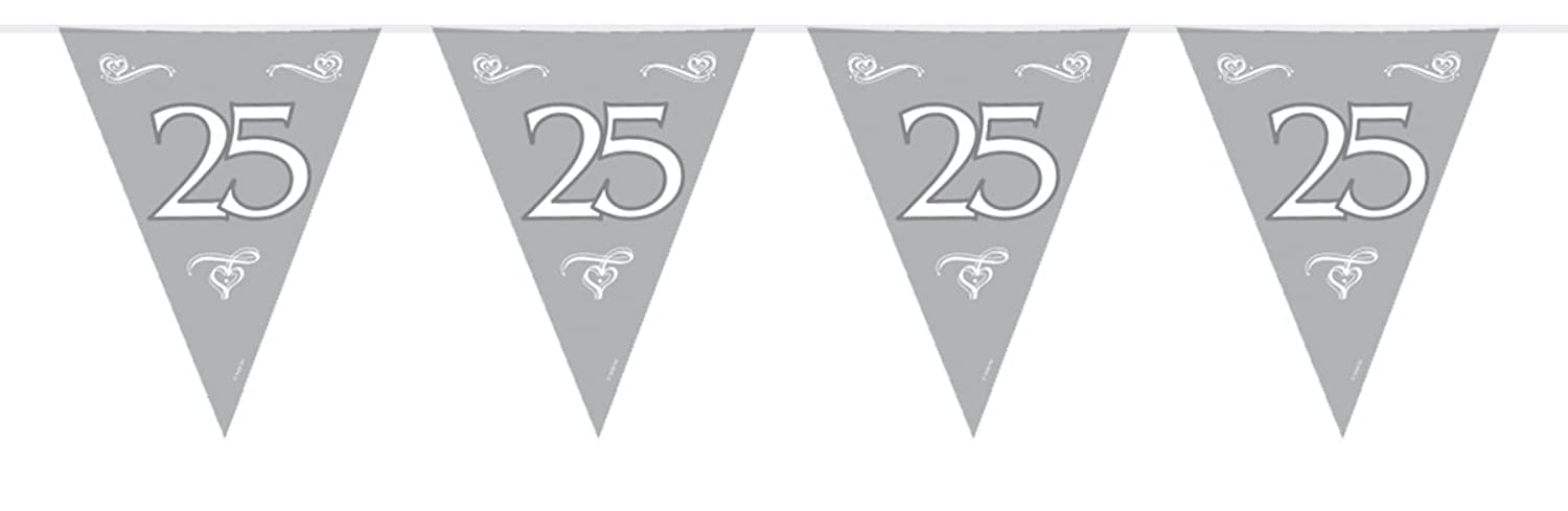 Bunting Silver 25th Anniversary 10 metres, 15 Triangle flags each flag measures approx. 30x22cms. Plastic
