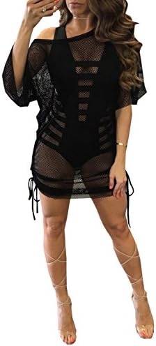 Women's Sexy Black Mesh Fishnet Bikini Cover Up Beach Dress (Large)