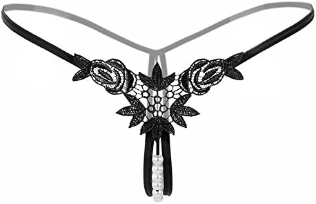 SELORY Women's Crotchless Lace Panties Pearls G-Strings Underwear Thong Lingerie T-Back Pack of 4