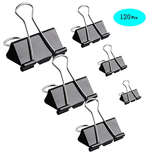 MeetUs 120 Pcs Paper Binder Clips Paper Clamp with Box for Office, School and Home Supplies, Assorted 6 Sizes & Black Color