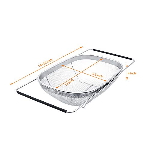 Over the Sink Colander Strainer Basket with Rubber Grip, 6 Quart Stainless Steel Vegtable Fruit