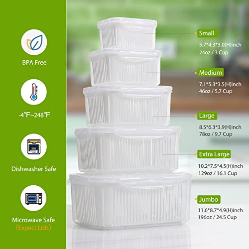 Luxear Produce Contenedores de Almacenamiento sin Bpa, Almacenamiento de Verduras y Frutas Frescas con Sistema de Control de Ventilacion y Division Ajustable, 5 Contenedores 0.7+1.35+2.3+3.8+5.8 L, Blanco