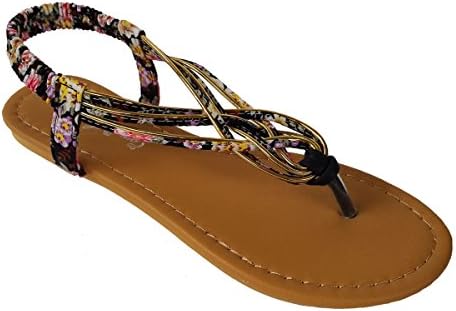 Elegant Women's Fashion Black Gladiator Thong Flat Cute Sandals With Floral Print And Gold Color Accent Black 8 , M US
