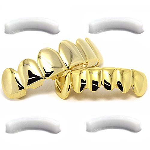 14k Gold Plated Hip Hop Teeth For Mouth Grillz Caps Top & Bottom Grill Set 4 Silicone Bars