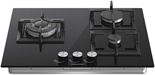 Hisense gg633b - placa a gás natural, 3 zonas, 60 cm, grelha em ferro fundido e vidro temperado preto, autoignição integrada nos comandos, segurança gasstop, fácil limpeza