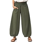 TARSE Womens Linen Wide Leg Pants Casual Loose Elastic Waisted Barrel Beach Palazzo Pants with Pockets