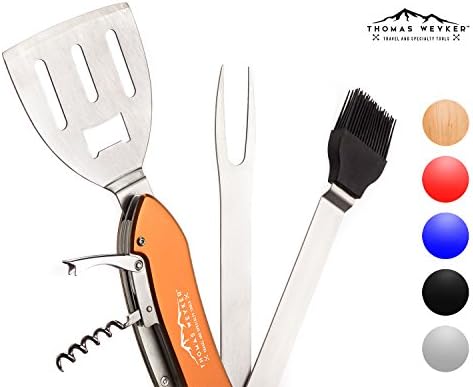 5-in-1 BBQ Multi Tool by Thomas Weyker - Portable Grill Tool Set with Stainless Steel Spatula, Fork, Grill Brush, and more - Grilling Multitool for Backyard Grilling, Barbecue, and Camping (Orange)