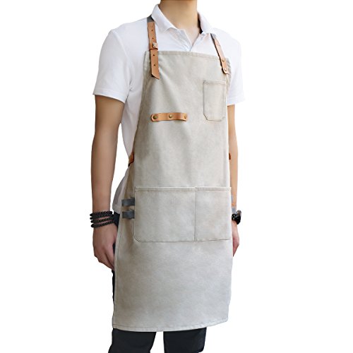 NEXT-SHINE Durable Canvas Work Apron with Pockets Cross-Back Straps & Adjustable for Women, Men Use in Home, School, Classes