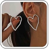 Vacaonio Boho Big Silver Hollow Heart Earrings Large Open Heart Shape Earrings Hammered Heart Stud Earrings Heart Stud Loop Earrings Love Heart Statement Earrings Jewelry for Women