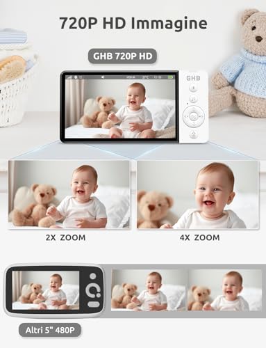 GHB Baby Monitor Video and Audio 5 Inch 720HD 168 Hours Battery Life Screen, 350° Rotating Camera, Temperature Detection, Two-Way Intercom, VOX, Night Vision
