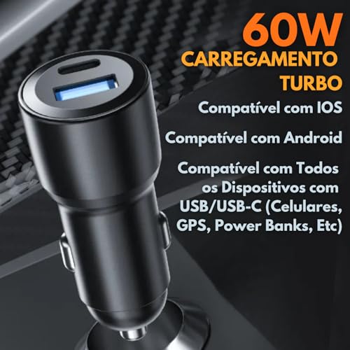 Carregador Veicular Turbo 60W Pro, Kit com Cabo USB-C. Duas portas USB 3.0 + USB-C, Led, Carregamento Rápido 9.1A Fast Charge Carro/Automotivo Compatível com IOS e Android – Premium (Preto)