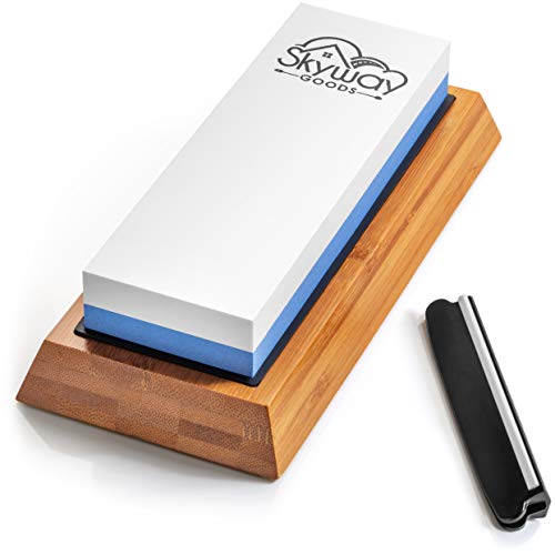 Skyway Goods Sharpening Knife Stone Set. Double Grit Whetstone 1000/6000, Angle Guide and Bamboo Base