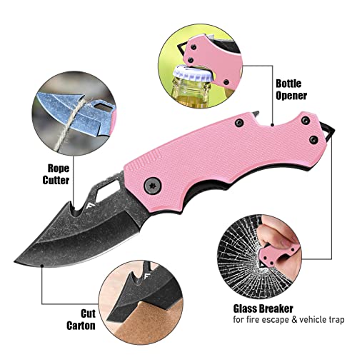 Flissa Mini Folding Pocket Knife, 2.5-Inch Stainless Steel Drop Point Blade, EDC Pocket Knives for Women with Bottle Opener and Glass Breaker (Pink)