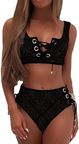 Almaree Woman's Lace Up Front Tie Side Bottom 2PCS Bikini Set Lace Swimwear