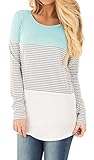 Women Color Block Long Sleeve Knits Shirts Stripe Casual Cotton Blouse Tunic Tops Green L
