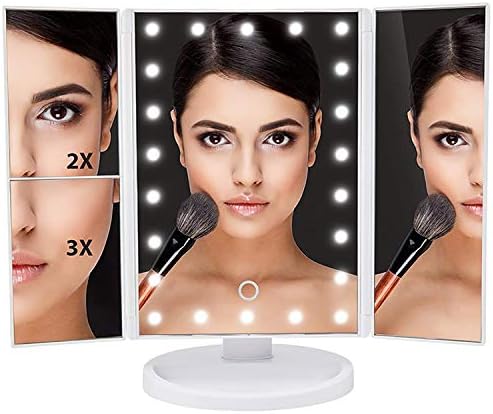 Luxury Lighted Makeup Vanity Mirror with 22 Dimmable LED Lights, Arctic White Trifold 1x/2x/3x Magnification, 180° Adjustable Rotation, Dual Power Supply Touch Screen Switch, Bathroom Cosmetic Travel