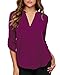 roswear Women's Chiffon V-Neck Business Casual Blouse Work Tops with Cuffed Sleeves Fuchsia Medium