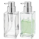 mDesign Square Glass Refillable Liquid Soap Dispenser Pump Bottle for Bathroom Vanity Countertop, Kitchen Sink - Holds Hand Soap, Dish Soap, Hand Sanitizer, Essential Oils - 2 Pack - Clear/Chrome