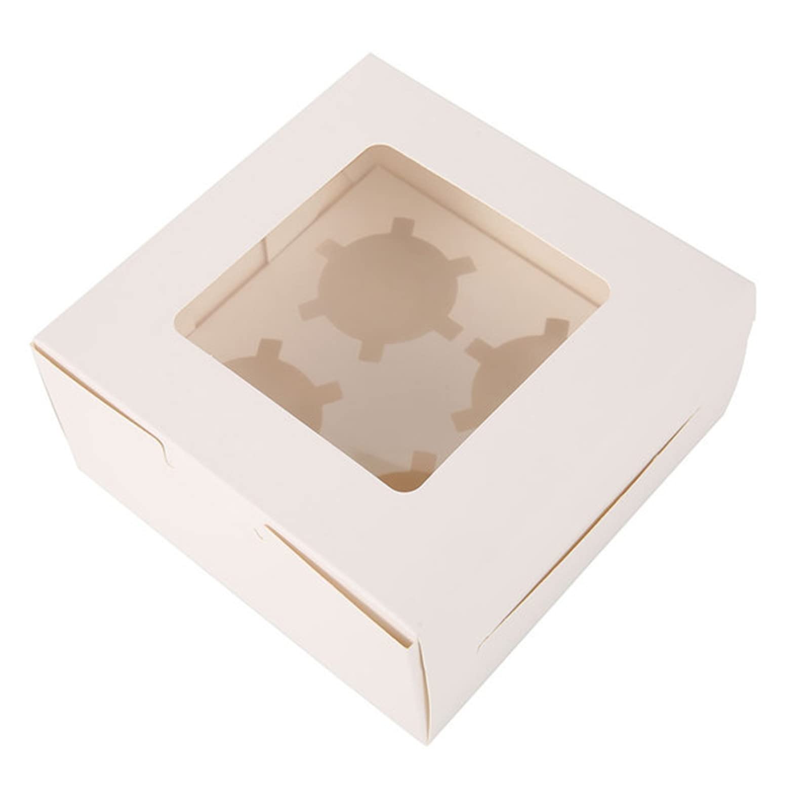 Cheeroyal 10pcs 4 Hole Windowed Cupcake Boxes with Insert- Thicker White Cardboard Muffin Storage - Gift Sweet Boxes for Weddings, Party,Cupcakes, Cookies, Pastries, Macaron (10)