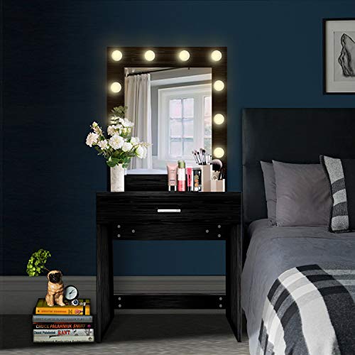 US Shipping Vanity Set with Lighted Mirror, YEEGO Makeup Vanity Dressing Table Dresser Writing Desk with Drawer for Bedroom Easy Assembly, Black(10PCS Warm LED Bulbs)