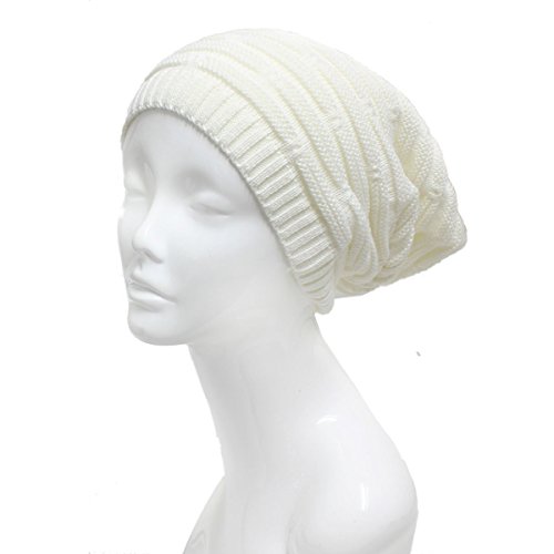 AN - Unisex Fall Winter Double Lines Knit Slouchy Beanie Single Layer Solid Color (White(523))