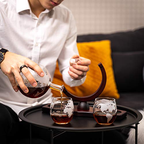 Moho Premium Whiskey Decanter | Handmade Globe Decanter Set With 2 Glasses | Durable Borosilicate | Ship In A Bottle | Perfect Gift | Liquor Dispenser for Whiskey, Bourbon, Scotch | Includes 9 Stones