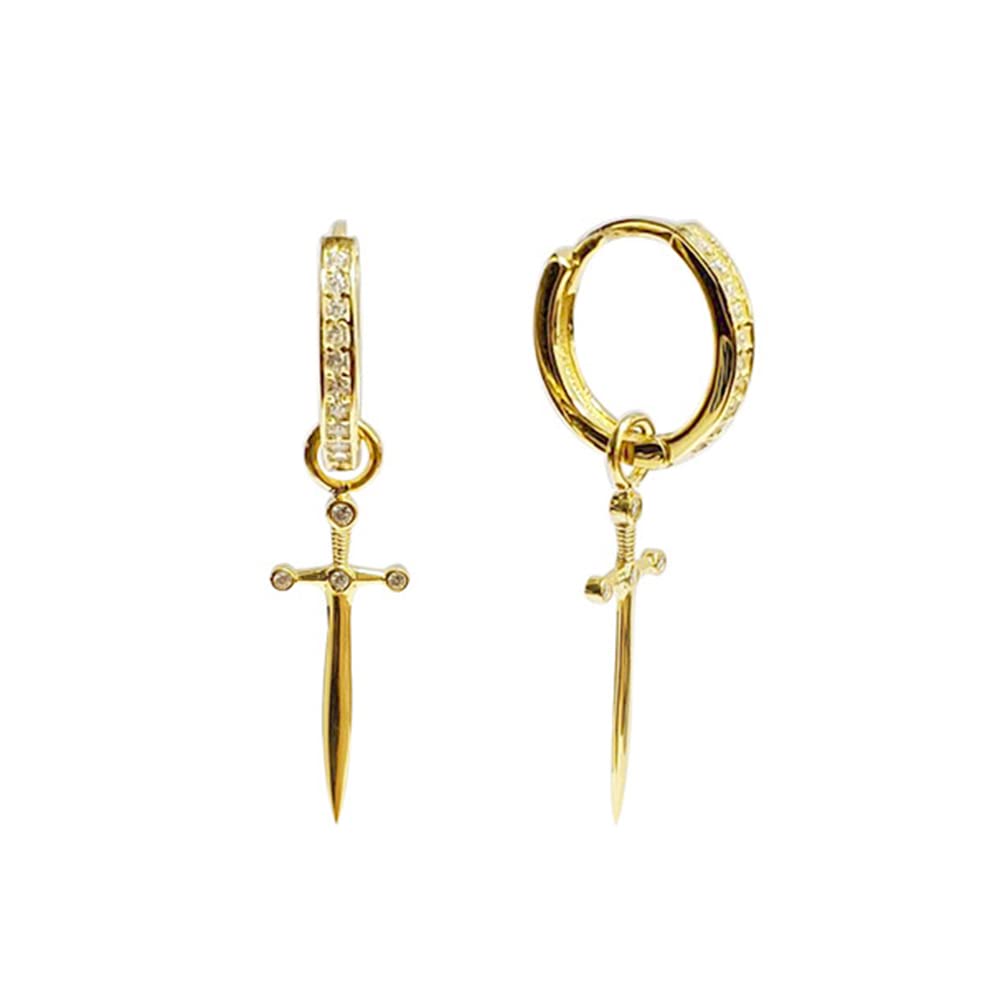 Dagger Hoop Cuff Earrings S925 Sterling Silver Cubic Zirconia Hypoallergenic Cartilage Earrings Huggie Ear Piercing Dangle for Women Girls BFF Stylish Jewelry Gift Valentine' s Day (Gold)