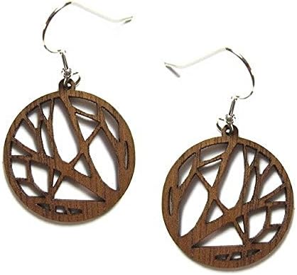 Tree Design Walnut Wood Earrings with Glass Bead Accent