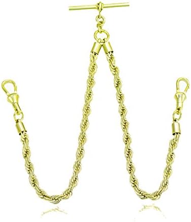 14'' Yellow Tone Chrome Plated 5mm Wide T Bar DOUBLE ALBERT ROPE VEST | WATCH Chain for Men in Stainless Steel by SEVEN50 with Gift Box (Yellow)