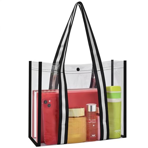 MAY TREE Clear Tote Bag Security Travel & Gym Clear Bag Perfect for Work Concerts Sports Games Black
