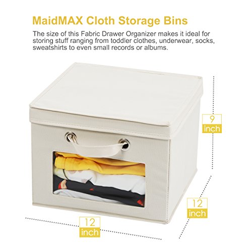 MaidMAX Closet Storage Cube with Clear Window, Lid and 2 Handles for Shelves, Foldable, Beige, Set of 3