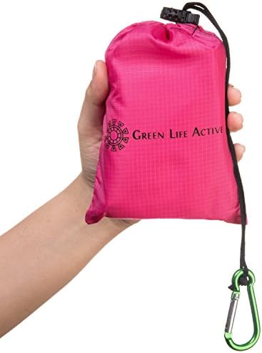 Green Life Active Waterproof Outdoor Picnic Beach Blanket Compact, Lightweight Tarp w/Corner Pockets, Tie Loops, Carrying Bag &amp; Carabiner | Pink Blanket