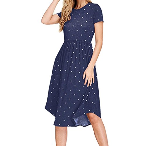 Dress-Han Shi Womens Summer Fashion Short Sleeve Dot Printing Wave Dresses (Navy, M)