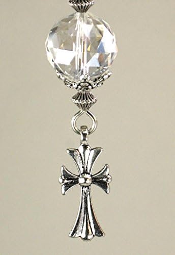 Crystal Clear Faceted Glass with Silvery Fleur de Lis Christian Cross Ceiling Fan Pull / Light Pull Chain