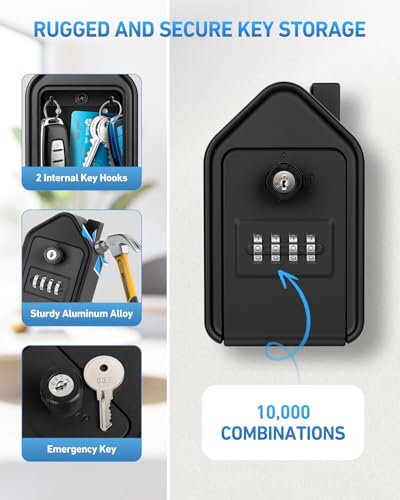 JUYANO Key Box, Large Secured Outdoor Key Box with 4 Code & Emergency Keys Aluminium Alloy Wall Key Box for School Garage Airbnb (Black)