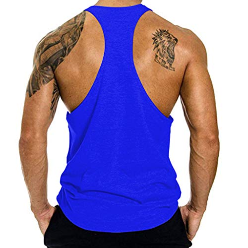 SSYUNO Men's New Summer Round Neck Sports Vest Cotton Printed I-Shaped Training Tank Top Blue - Thumbnail 2