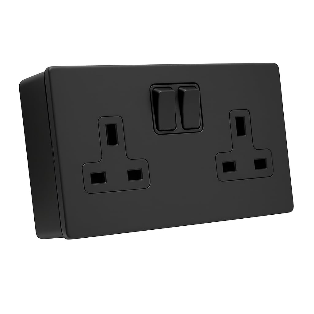 SH|P® COMPACT Screwless Ultra-Matt Black Metal 2 Gang 13A 4mm Plate Switched Socket and 25mm Plastic Surface Mount Pattress Box (2 Gang Socket)