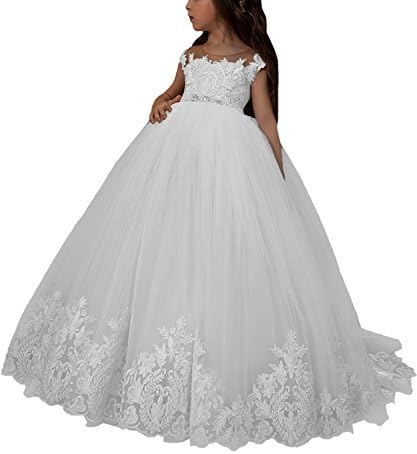 Fanyudress Neckline Lace Appliques Gowns Fluffy Tulle Kids Pageant Flower Girl Dresses MA013 US10 White