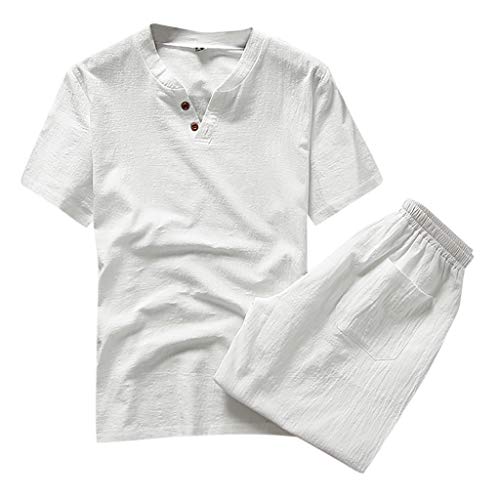 Outfits Sets for Men, F_Gotal Men's Casual Summer Solid Color Cotton Linen 10 Pieces Outfits T-Shirt Beach Shorts Set - Thumbnail 4