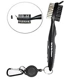 Golf Club Brush With Groove Cleaning Spike and Retractable Extension Cord and Clip, Extends 2ft. - Easily Attaches to Golf Bag - Deep Clean Iron Grooves