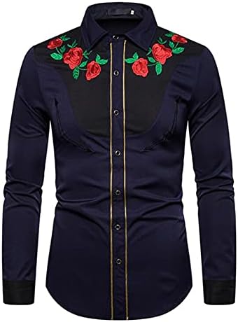 Men's Trendy Rose Print Slim Long Sleeve Button Party Dress Shirt