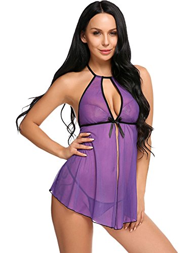 Avidlove Women Sexy Lingerie Mesh Outfits Tie Front Chemises Mini Teddy Purple XXL