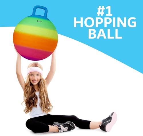 Xino Sports Hopping Ball for Kids - Rainbow Bouncy Ball with Handle, Fun Indoor and Outdoor Toy for Exercise & Play, Hopper for Jumping, Safe and Durable (18 Inch Diameter)