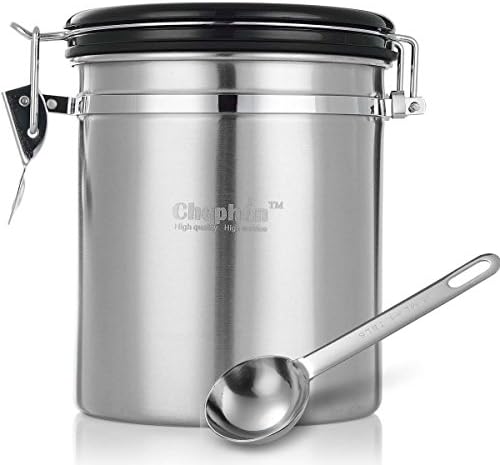 Chephon(TM) Stainless Steel Airtight Coffee Canister with Date Dial and One-way CO2 Vent Valve - Premium Airscape Coffee Container with Free Scoop (1 lb/16 oz)